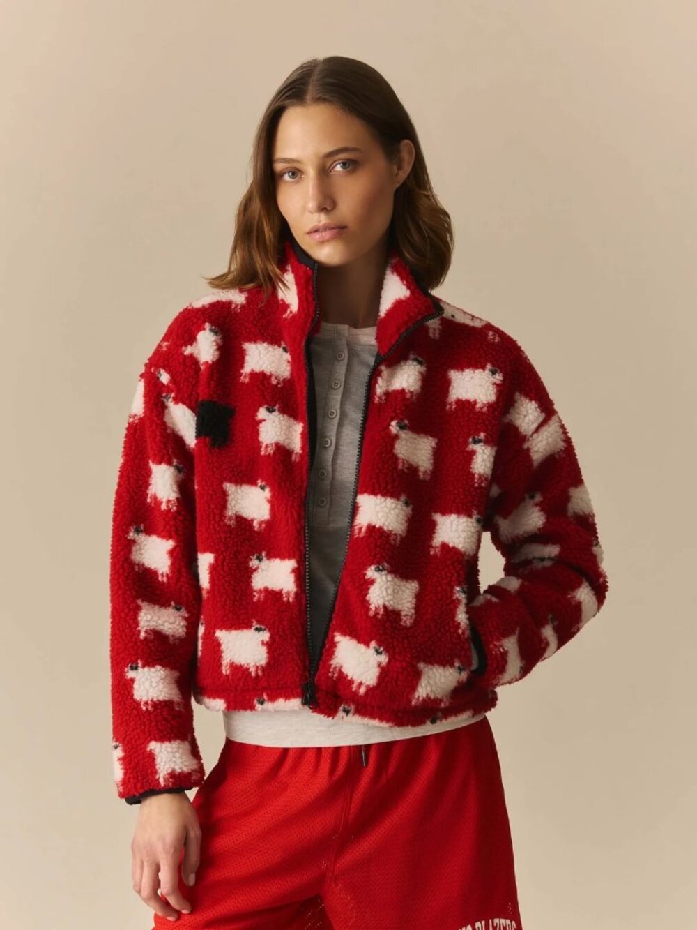 Rowing Blazers Caroline Cropped Sheep Sherpa Red in Red, Size Medium
